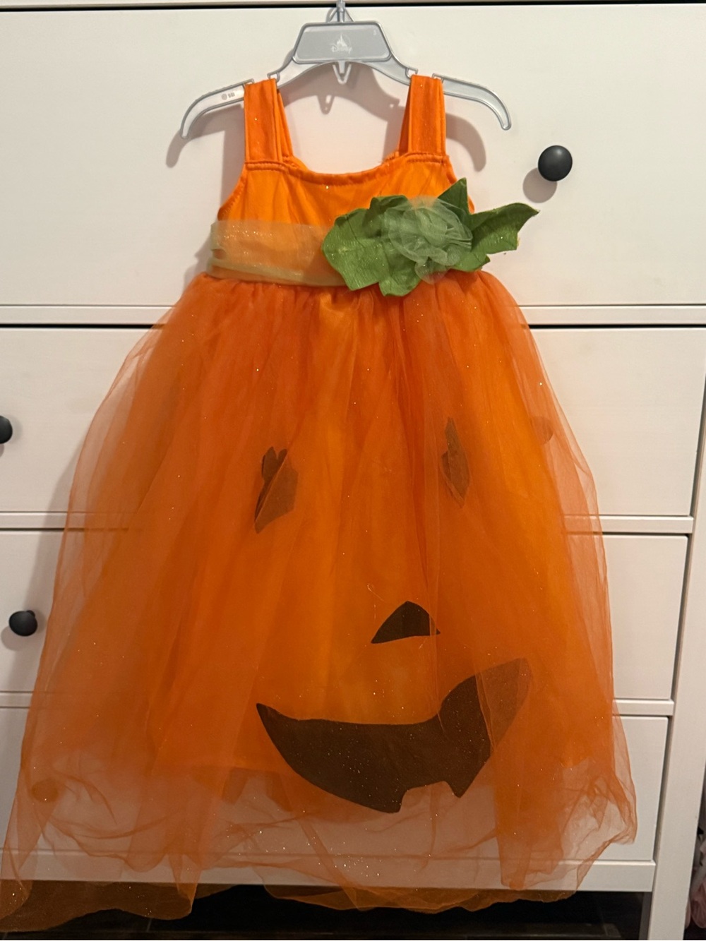 Pottery Barn Kids Orange Pumpkin Tulle Dress with Green Leaf Sash